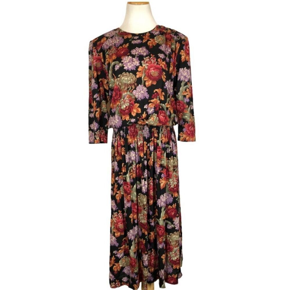 Vintage 80's Dennis Goldsmith Floral Smocked Waist Midi Dress sz 14 Grandmacore,